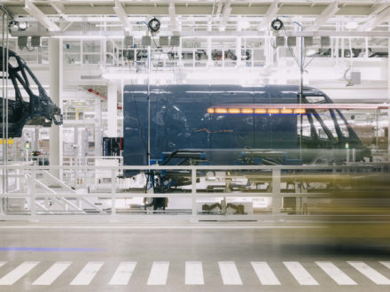 Image of An Amazon Electric Delivery Vehicle on the production line at Rivian’s manufacturing plant in Normal, Il.